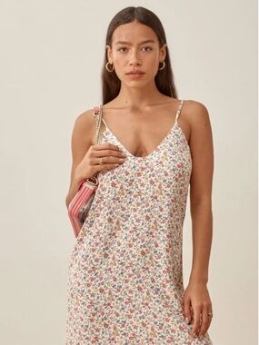Reformation Floral Slip Dress in Cream with Pink & Blue Accents